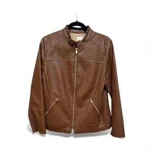 Chico's Sz 1 M 8-10 Brown Faux Leather Jacket Zip Up Ruffle Trim Gold Hardware